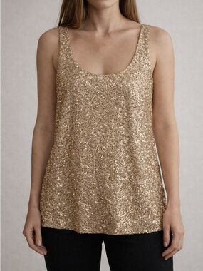 New Carla Conti Sequin Scoop Neck Tank Top - Gold size medium made in Italy